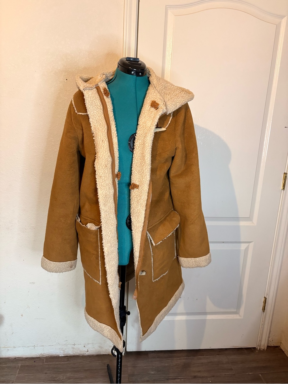 Old Navy Brown Tan Faux-Shearling Hooded Trench Coat